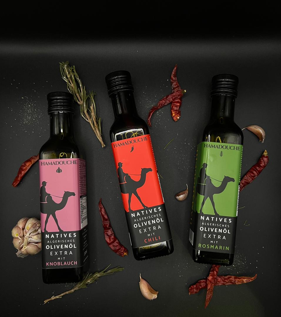 Gourmet Olivenöle mit Chili, Knoblauch, Rosmarin